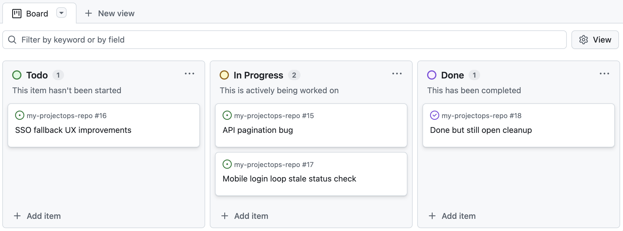 Example GitHub Projects board used for Project Board Summarizer
