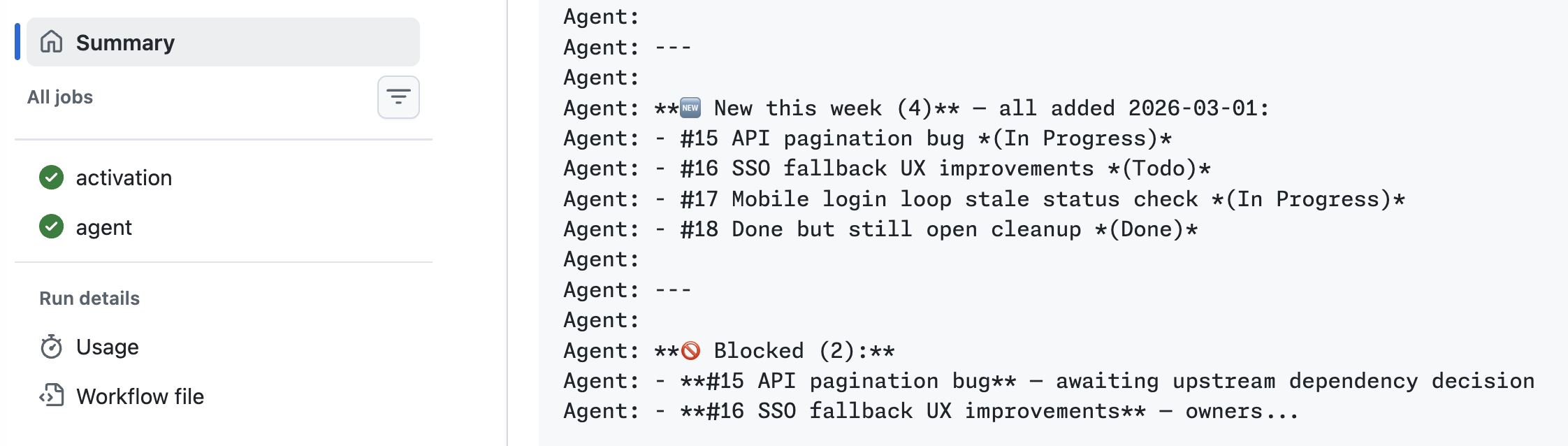 Workflow summary output generated by Project Board Summarizer
